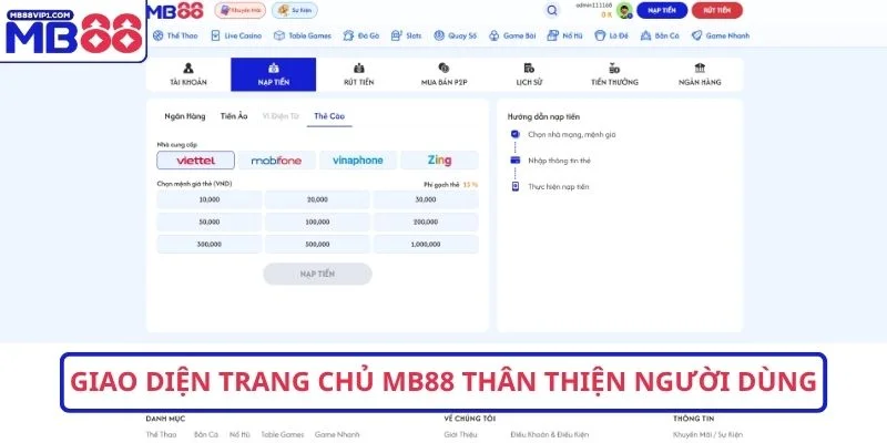 Giao diện trang chủ MB88 thân thiện người dùng